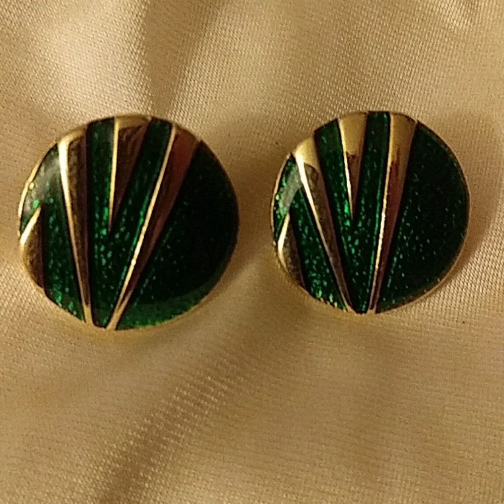 Vintage Green & Gold Enamel Earrings